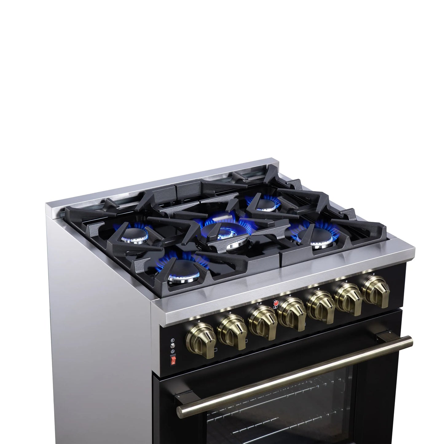 Forno Massimo 30-Inch Freestanding Dual Fuel Range in Black with Antique Brass Accessories, 4 Burners, 4.32 cu. ft. Convection Oven FORNO