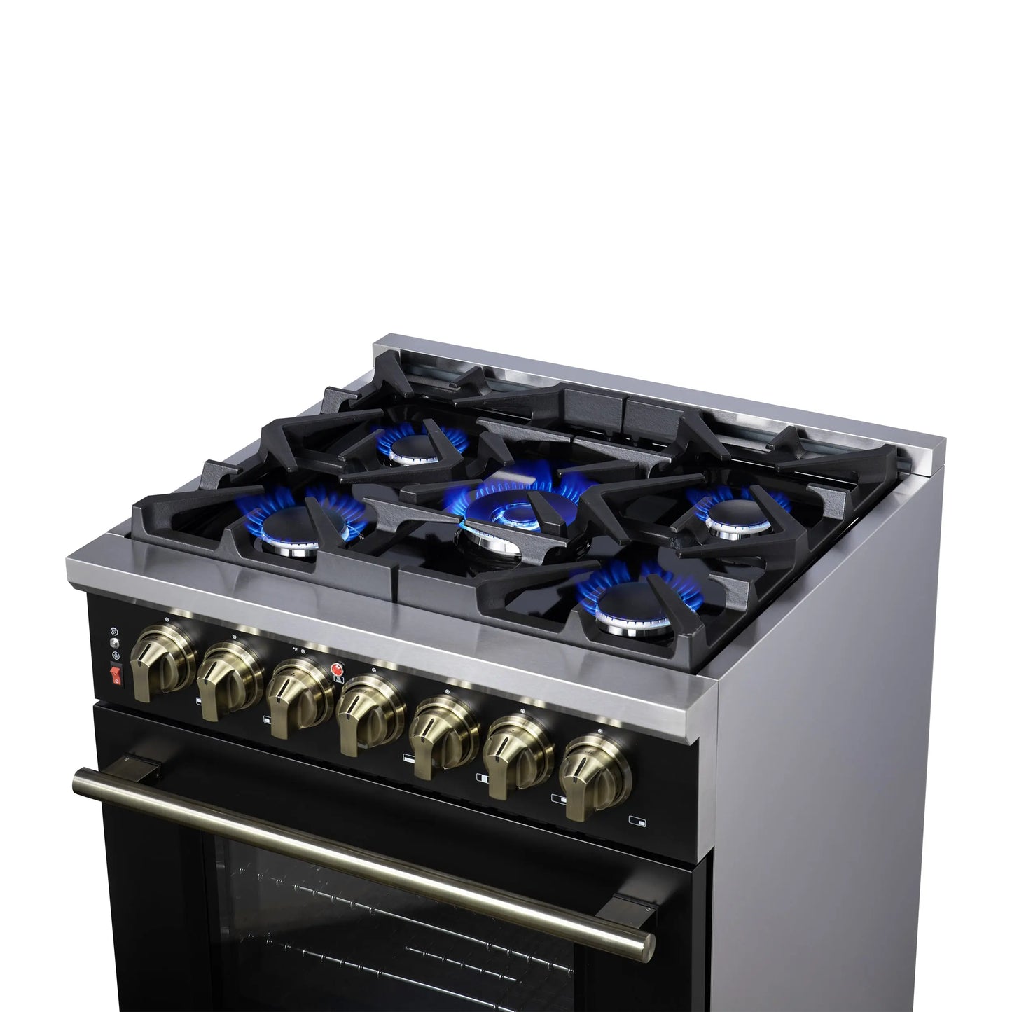 Forno Massimo 30-Inch Freestanding Dual Fuel Range in Black with Antique Brass Accessories, 4 Burners, 4.32 cu. ft. Convection Oven FORNO
