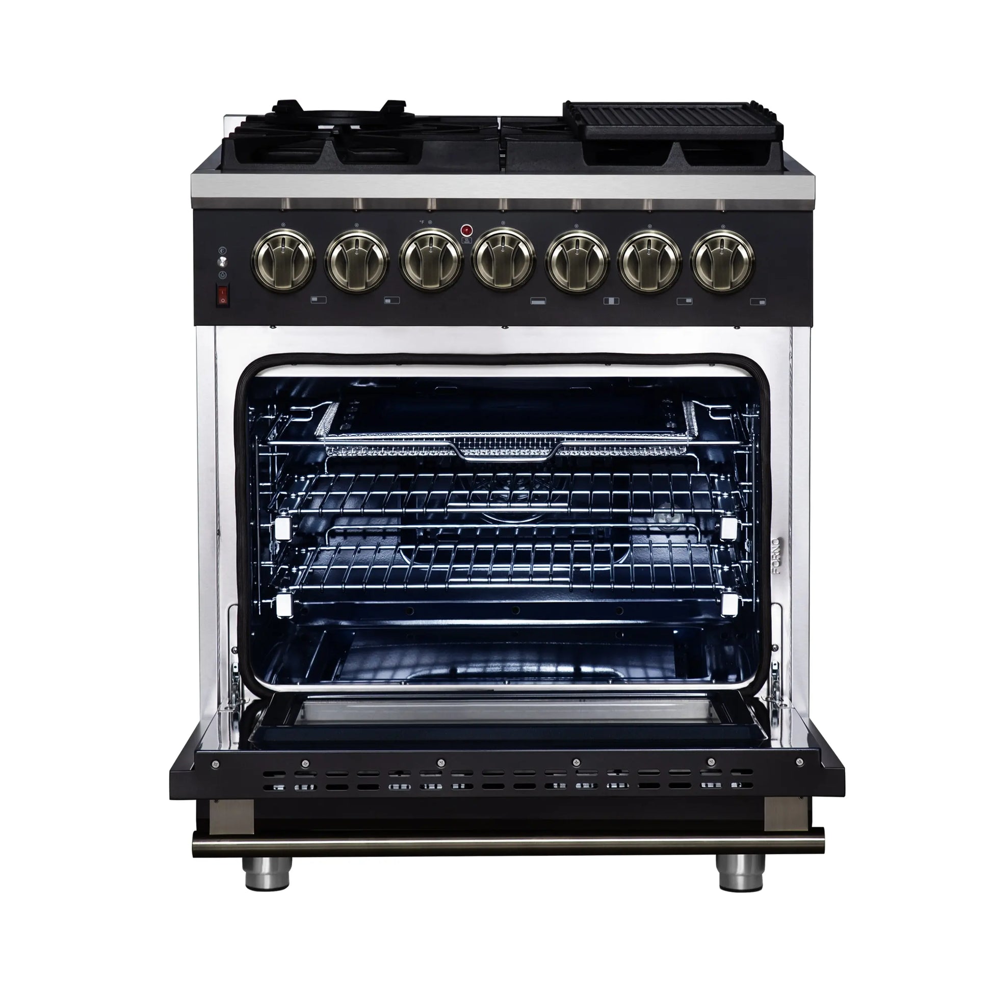 Forno Massimo 30-Inch Freestanding Dual Fuel Range in Black with Antique Brass Accessories, 4 Burners, 4.32 cu. ft. Convection Oven FORNO