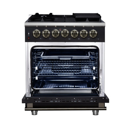 Forno Massimo 30-Inch Freestanding Dual Fuel Range in Black with Antique Brass Accessories, 4 Burners, 4.32 cu. ft. Convection Oven FORNO