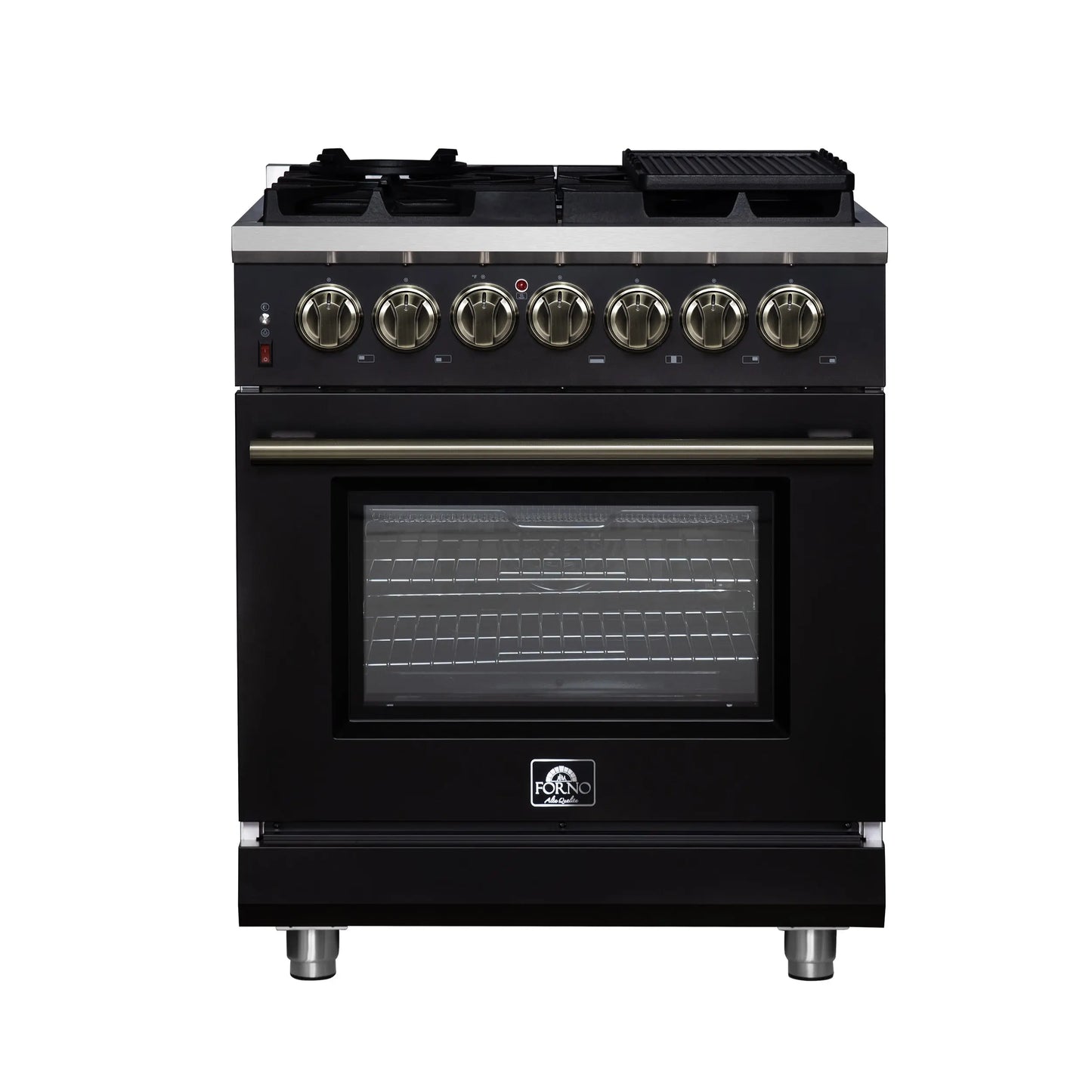 Forno Massimo 30-Inch Freestanding Dual Fuel Range in Black with Antique Brass Accessories, 4 Burners, 4.32 cu. ft. Convection Oven FORNO