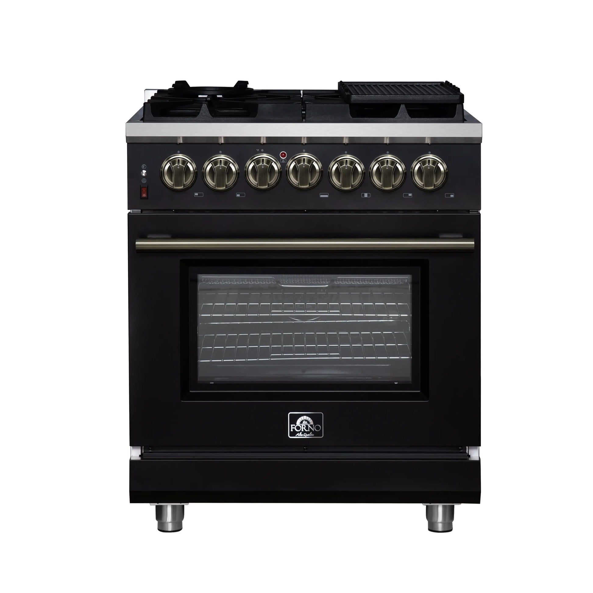 Forno Massimo 30-Inch Freestanding Dual Fuel Range in Black with Antique Brass Accessories, 4 Burners, 4.32 cu. ft. Convection Oven FORNO