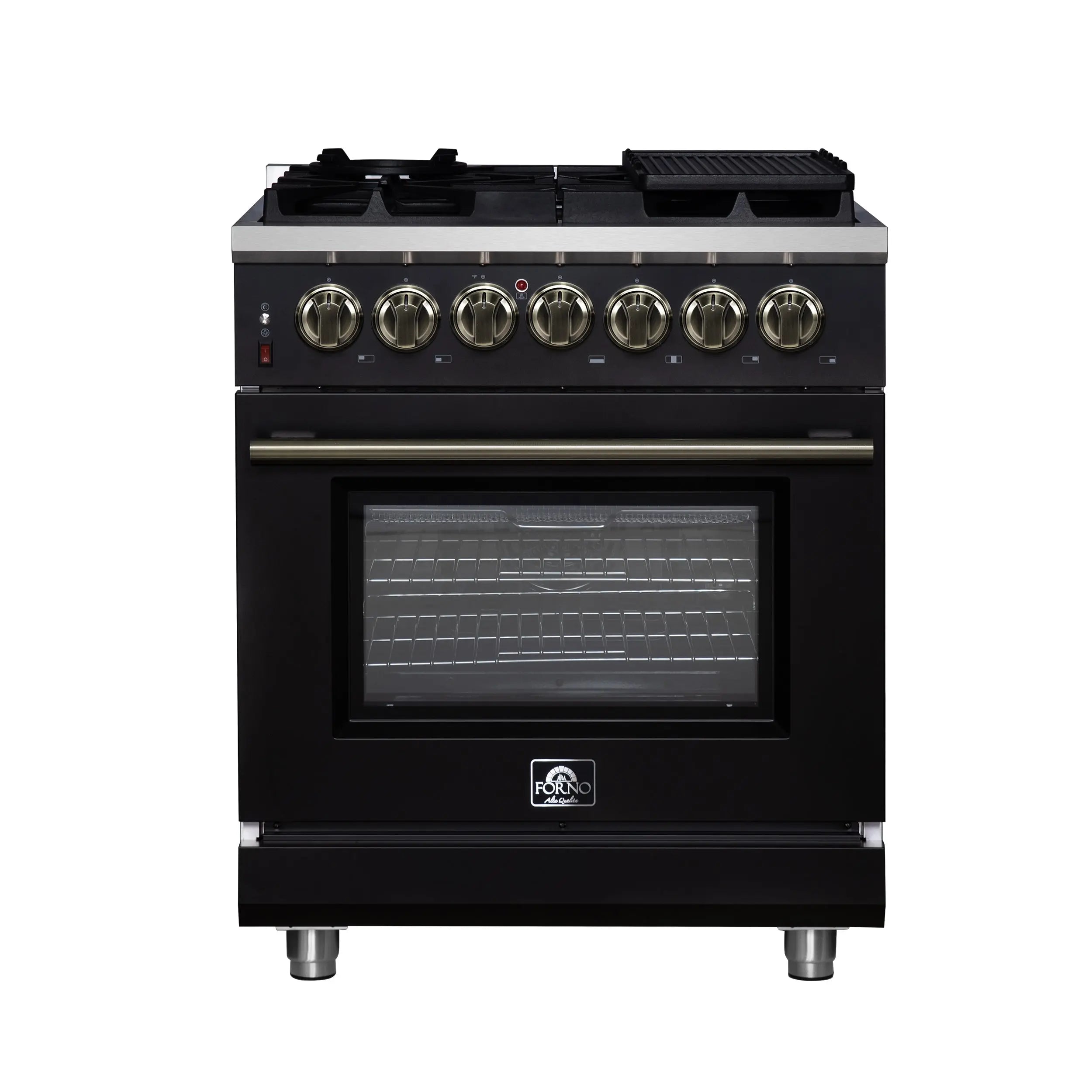 Forno Massimo 30-Inch Freestanding Dual Fuel Range in Black with Antique Brass Accessories, 4 Burners, 4.32 cu. ft. Convection Oven FORNO