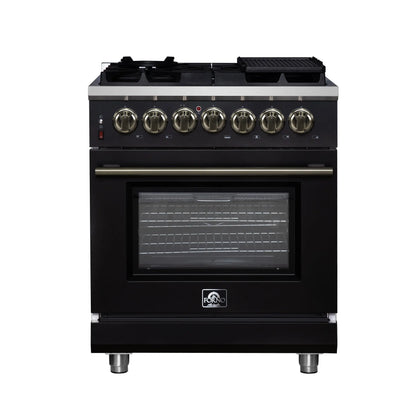 Forno Massimo 30-Inch Freestanding Dual Fuel Range in Black with Antique Brass Accessories, 4 Burners, 4.32 cu. ft. Convection Oven FORNO