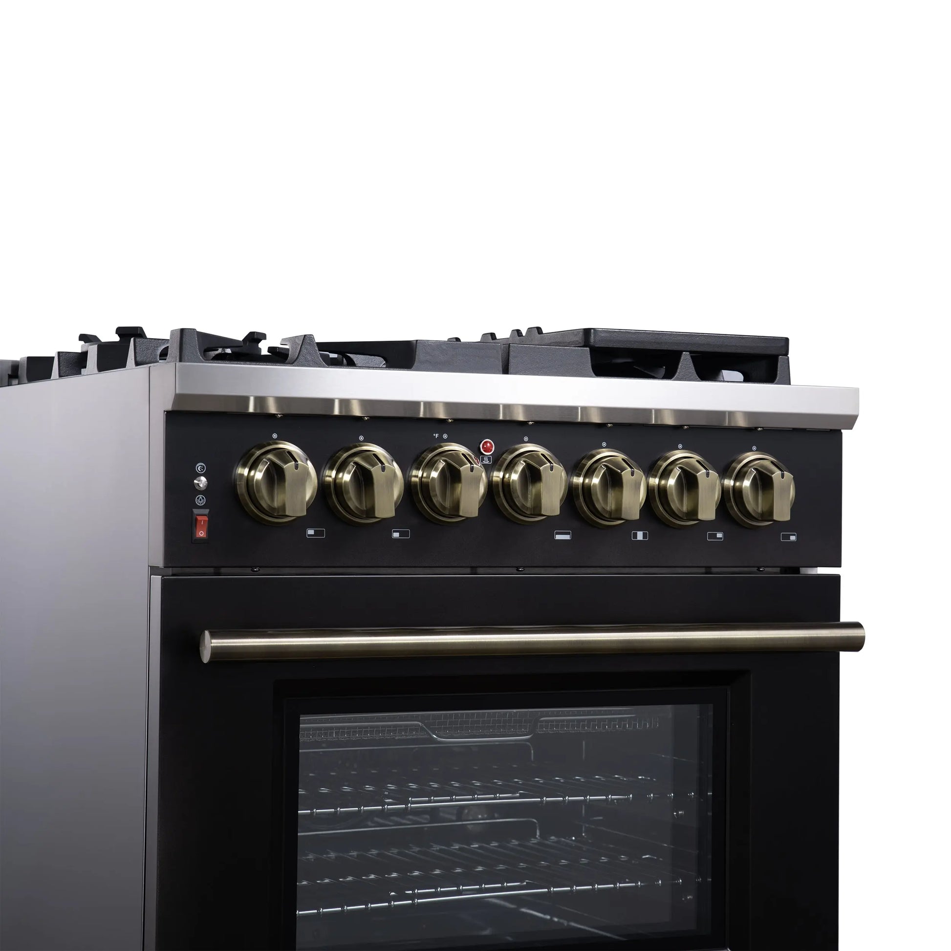 Forno Massimo 30-Inch Freestanding Dual Fuel Range in Black with Antique Brass Accessories, 4 Burners, 4.32 cu. ft. Convection Oven FORNO