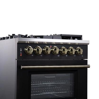 Forno Massimo 30-Inch Freestanding Dual Fuel Range in Black with Antique Brass Accessories, 4 Burners, 4.32 cu. ft. Convection Oven FORNO