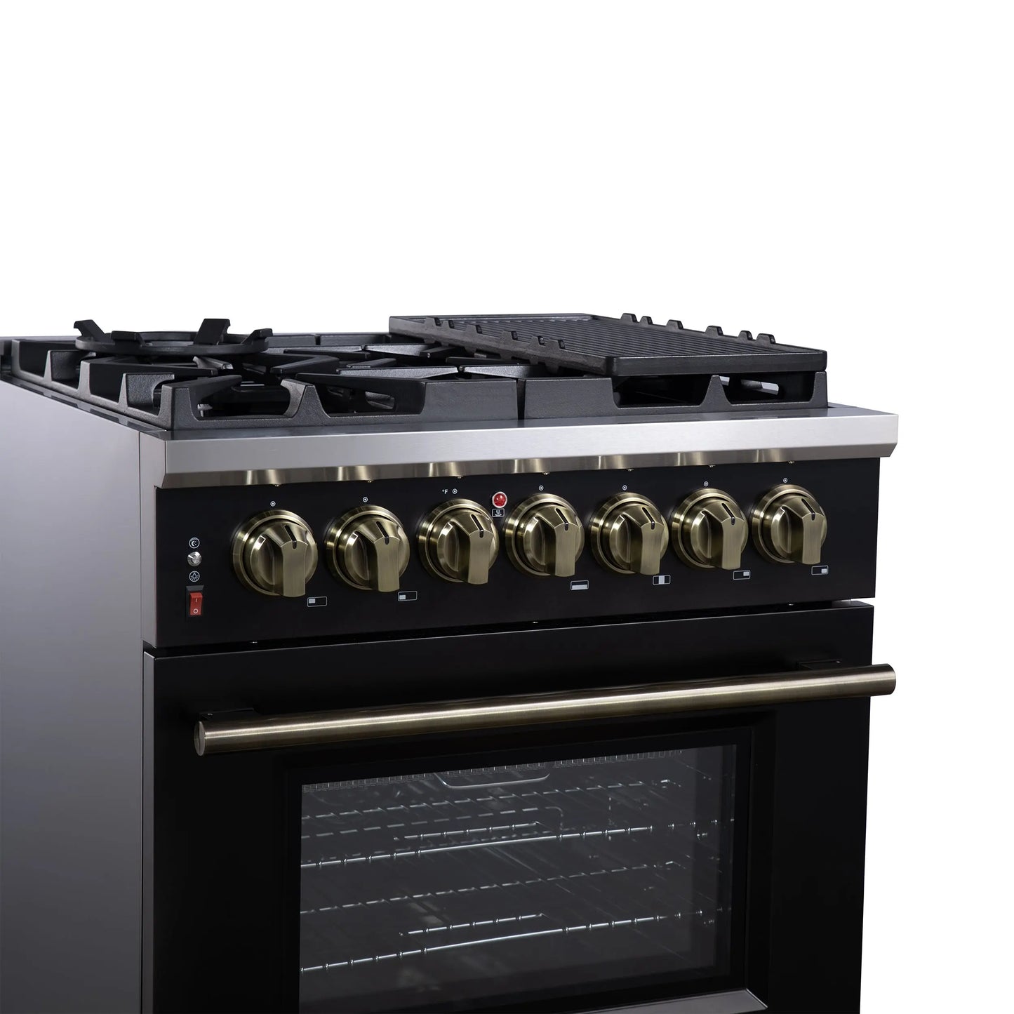 Forno Massimo 30-Inch Freestanding Dual Fuel Range in Black with Antique Brass Accessories, 4 Burners, 4.32 cu. ft. Convection Oven FORNO
