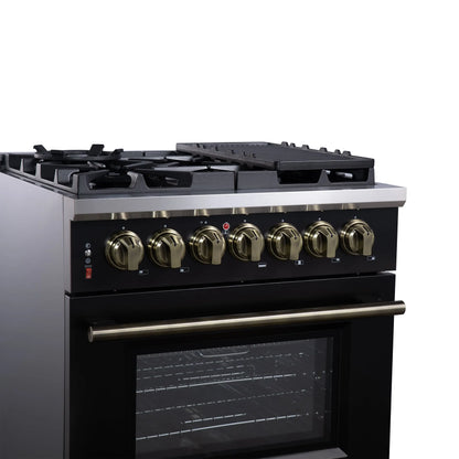 Forno Massimo 30-Inch Freestanding Dual Fuel Range in Black with Antique Brass Accessories, 4 Burners, 4.32 cu. ft. Convection Oven FORNO