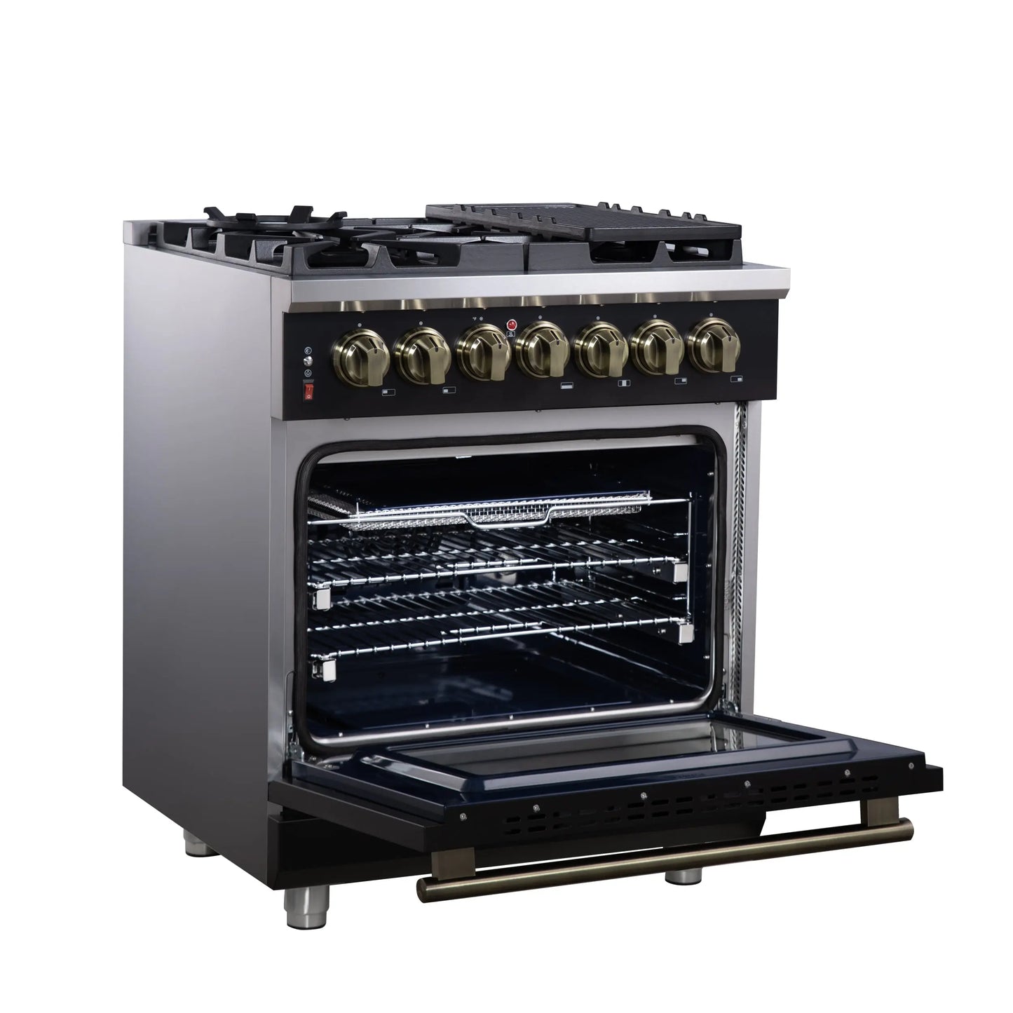 Forno Massimo 30-Inch Freestanding Dual Fuel Range in Black with Antique Brass Accessories, 4 Burners, 4.32 cu. ft. Convection Oven FORNO