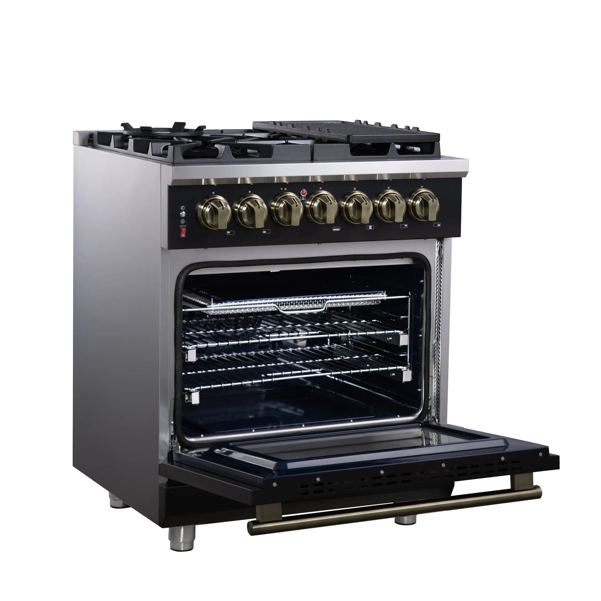 Forno Massimo 30-Inch Freestanding Dual Fuel Range in Black with Antique Brass Accessories, 4 Burners, 4.32 cu. ft. Convection Oven FORNO