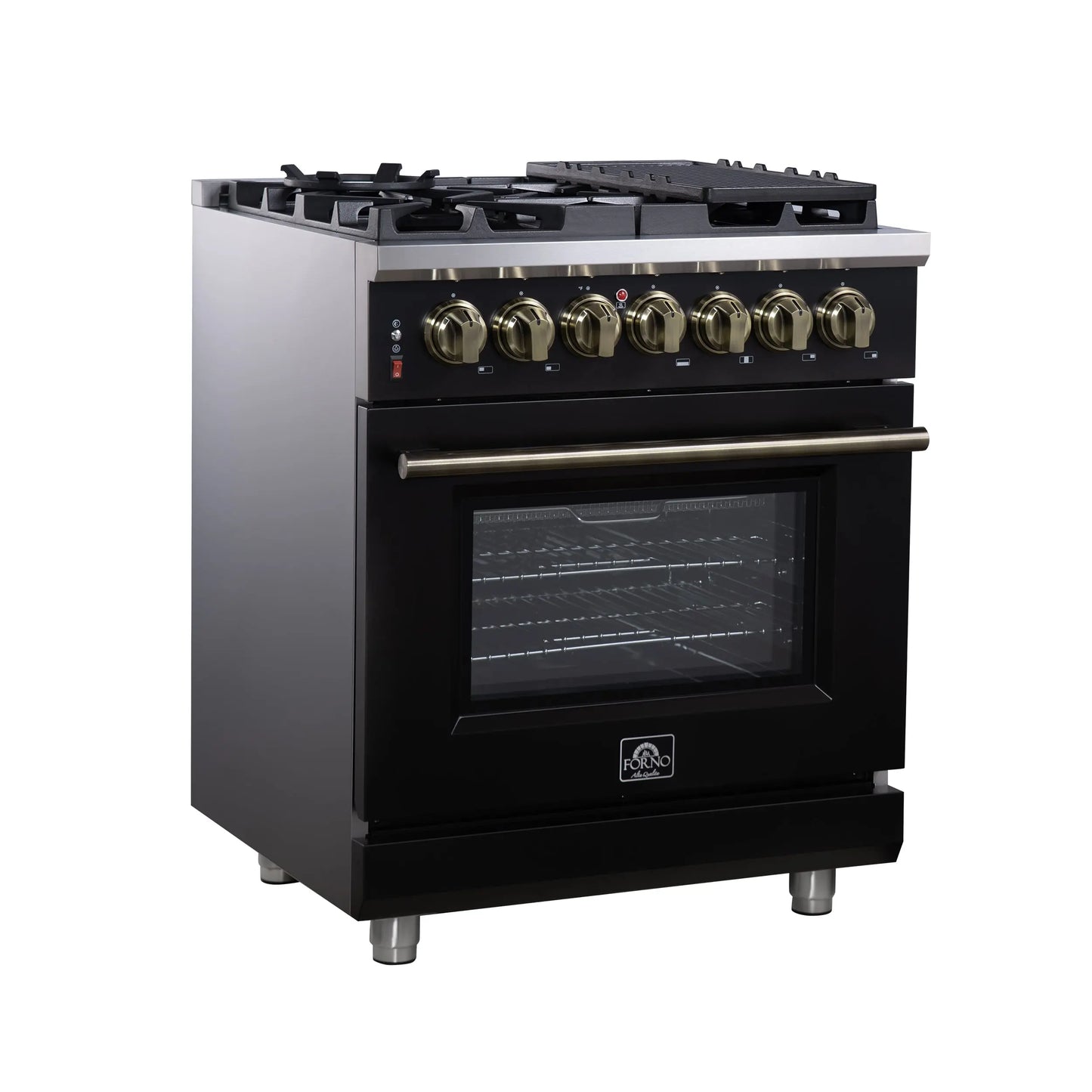 Forno Massimo 30-Inch Freestanding Dual Fuel Range in Black with Antique Brass Accessories, 4 Burners, 4.32 cu. ft. Convection Oven FORNO