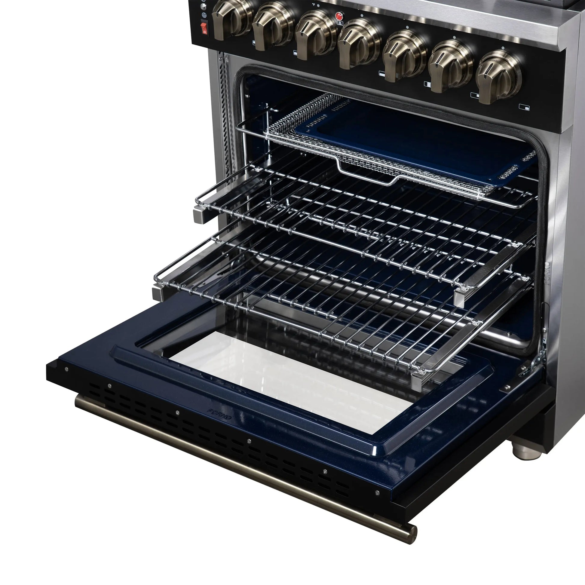 Forno Massimo 30-Inch Freestanding Dual Fuel Range in Black with Antique Brass Accessories, 4 Burners, 4.32 cu. ft. Convection Oven FORNO