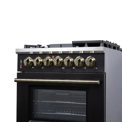 Forno Massimo 30-Inch Freestanding Dual Fuel Range in Black with Antique Brass Accessories, 4 Burners, 4.32 cu. ft. Convection Oven FORNO