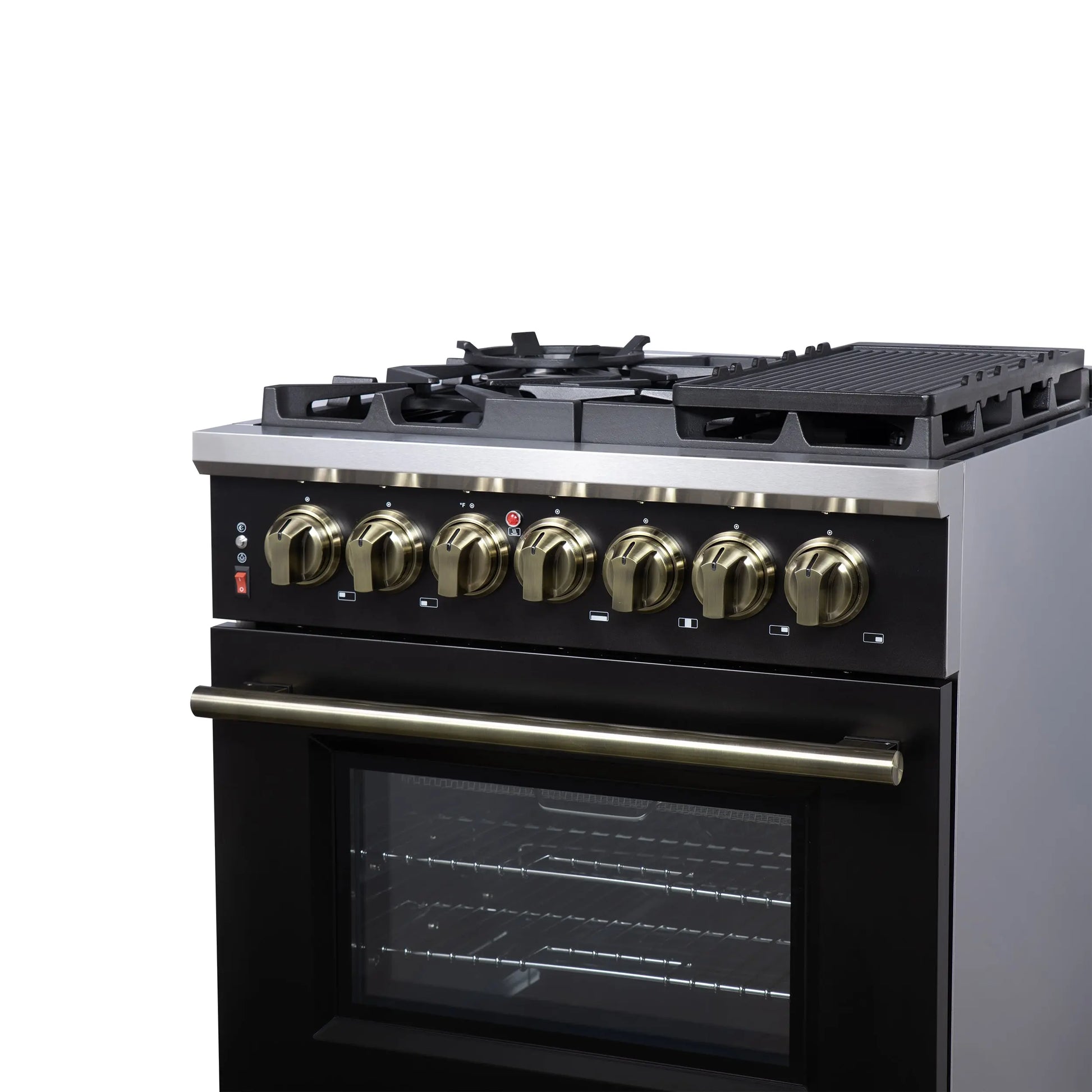 Forno Massimo 30-Inch Freestanding Dual Fuel Range in Black with Antique Brass Accessories, 4 Burners, 4.32 cu. ft. Convection Oven FORNO