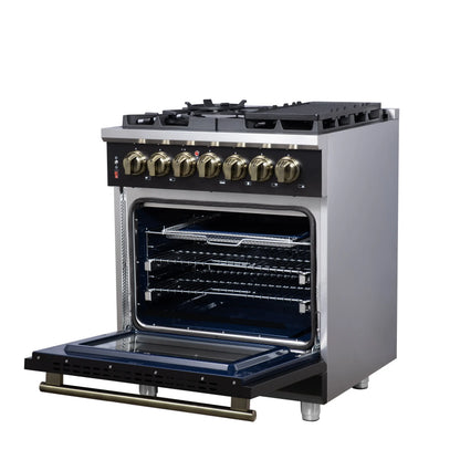 Forno Massimo 30-Inch Freestanding Dual Fuel Range in Black with Antique Brass Accessories, 4 Burners, 4.32 cu. ft. Convection Oven FORNO