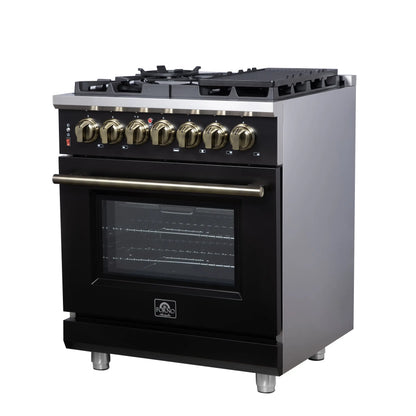 Forno Massimo 30-Inch Freestanding Dual Fuel Range in Black with Antique Brass Accessories, 4 Burners, 4.32 cu. ft. Convection Oven FORNO