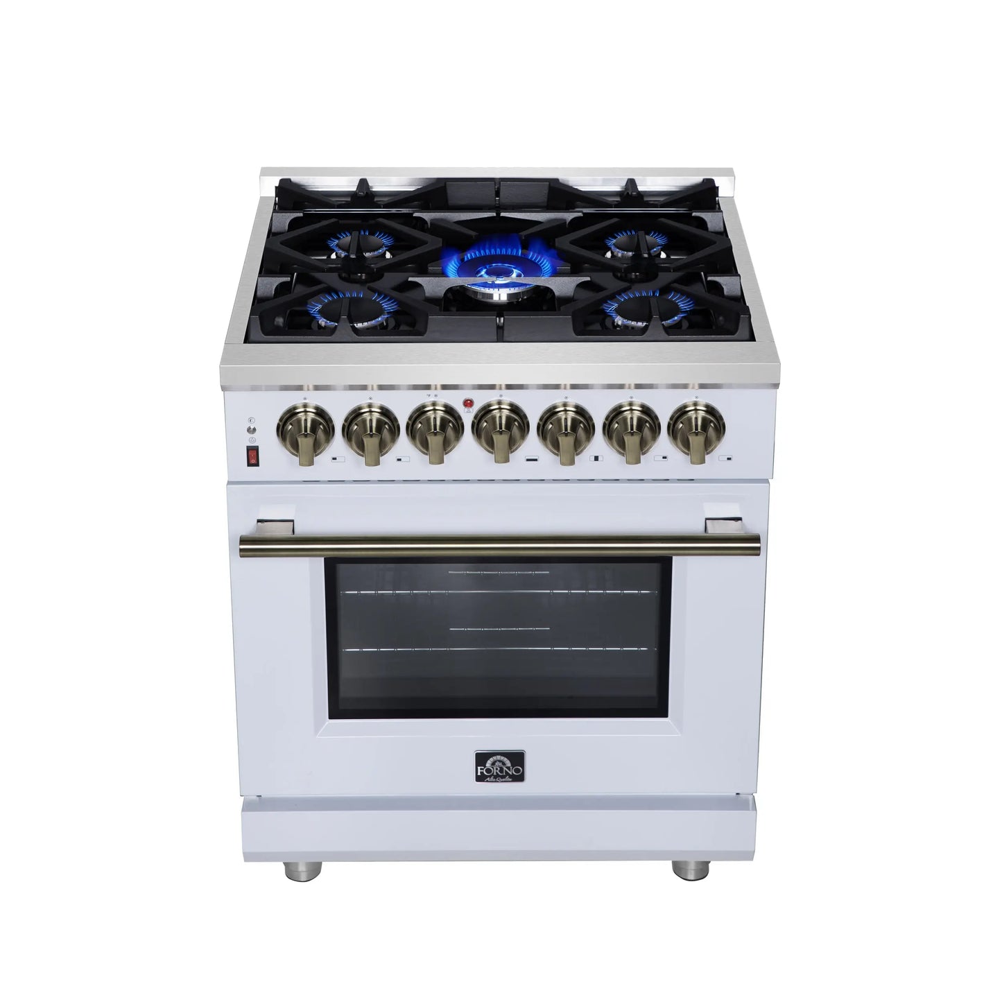 Forno Massimo 30-Inch Freestanding Dual Fuel Range in White with Antique Brass Accessories, 4 Burners, 4.32 cu. ft. Convection Oven FORNO