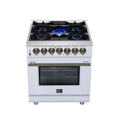 Forno Massimo 30-Inch Freestanding Dual Fuel Range in White with Antique Brass Accessories, 4 Burners, 4.32 cu. ft. Convection Oven FORNO