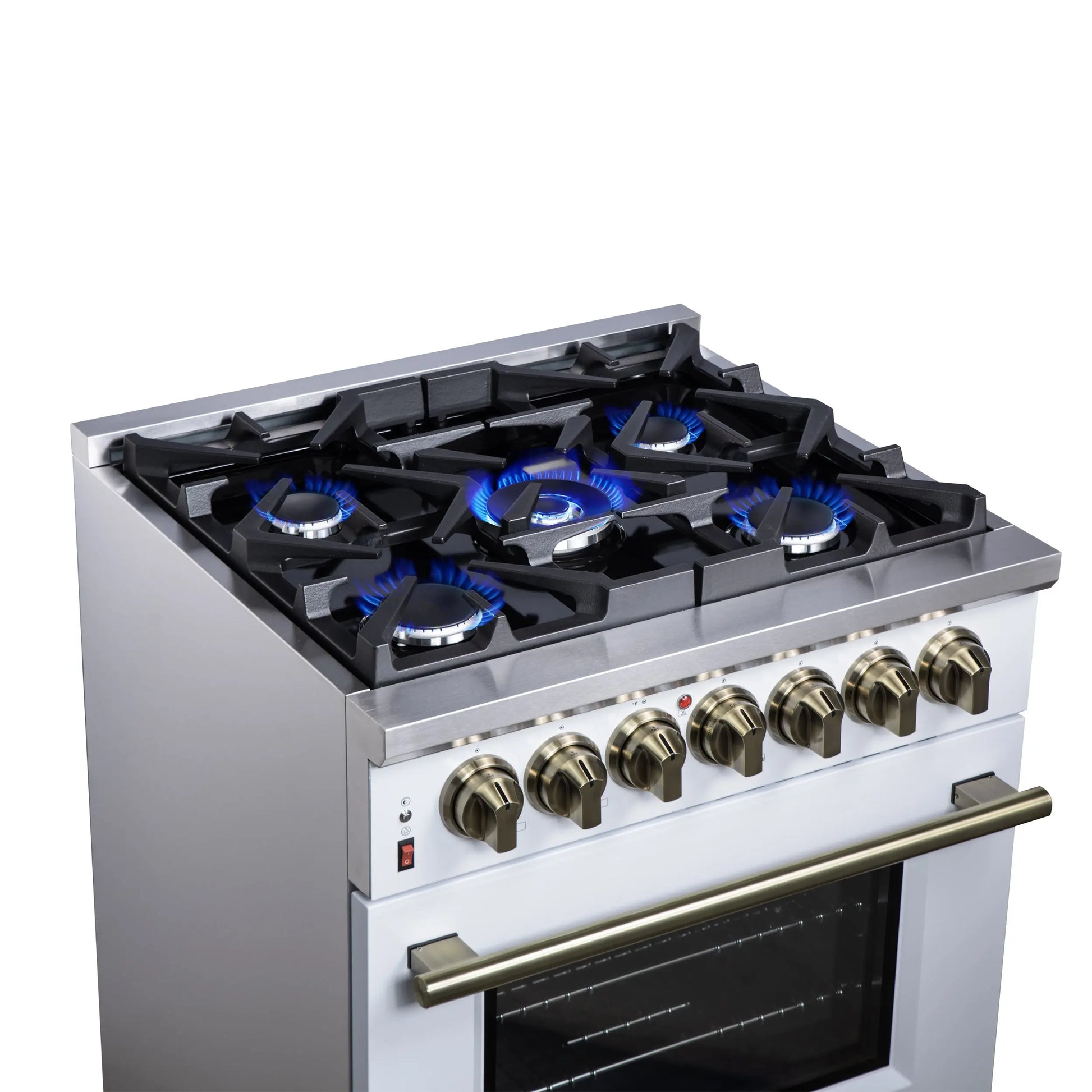 Forno Massimo 30-Inch Freestanding Dual Fuel Range in White with Antique Brass Accessories, 4 Burners, 4.32 cu. ft. Convection Oven FORNO