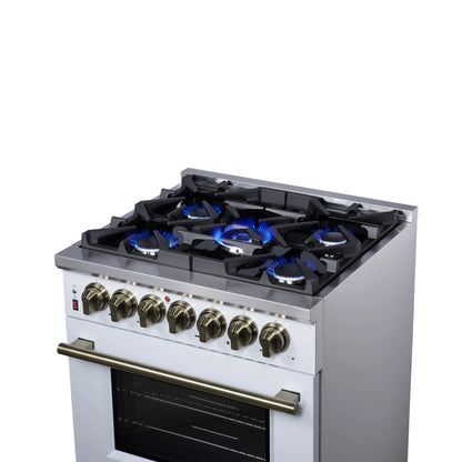 Forno Massimo 30-Inch Freestanding Dual Fuel Range in White with Antique Brass Accessories, 4 Burners, 4.32 cu. ft. Convection Oven FORNO
