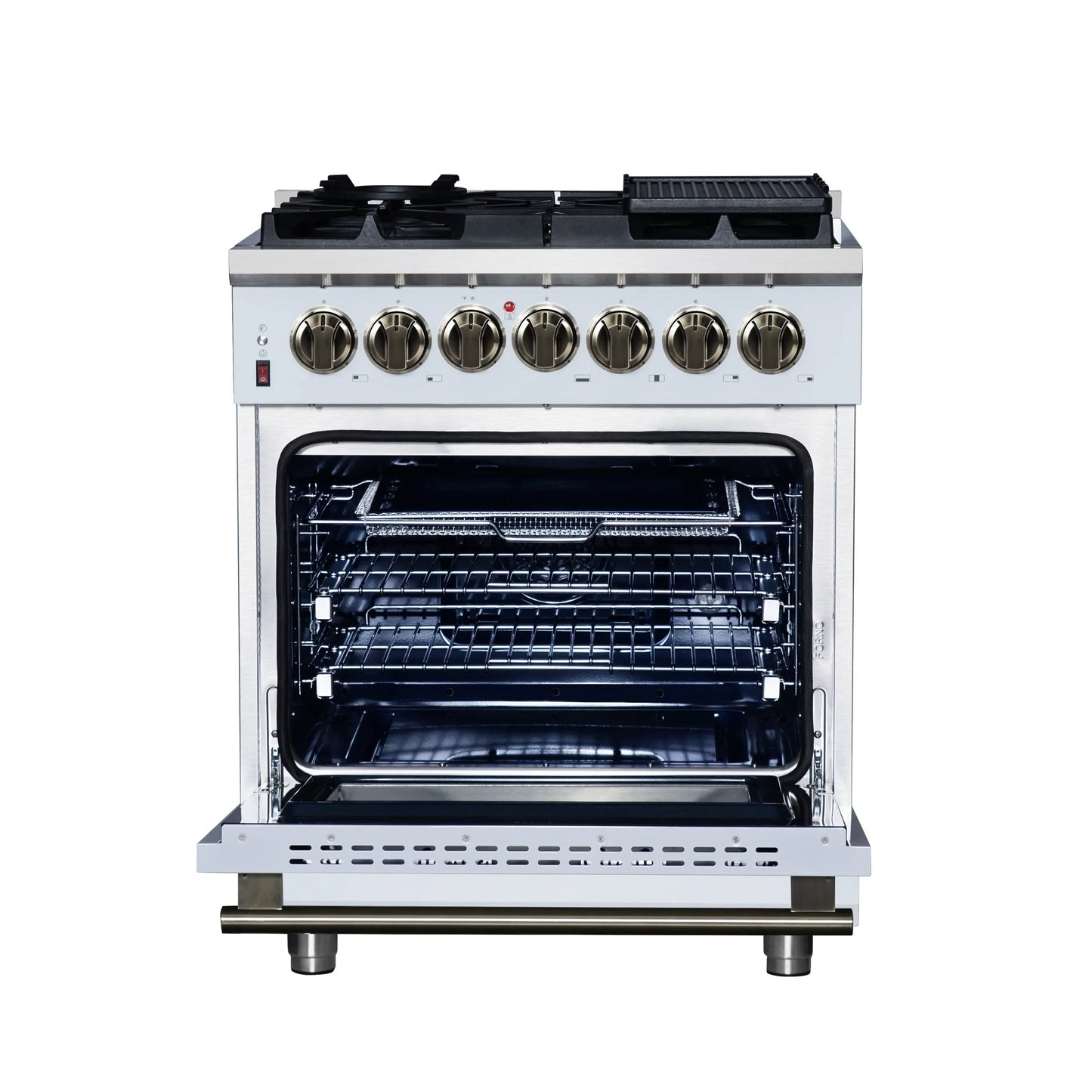 Forno Massimo 30-Inch Freestanding Dual Fuel Range in White with Antique Brass Accessories, 4 Burners, 4.32 cu. ft. Convection Oven FORNO