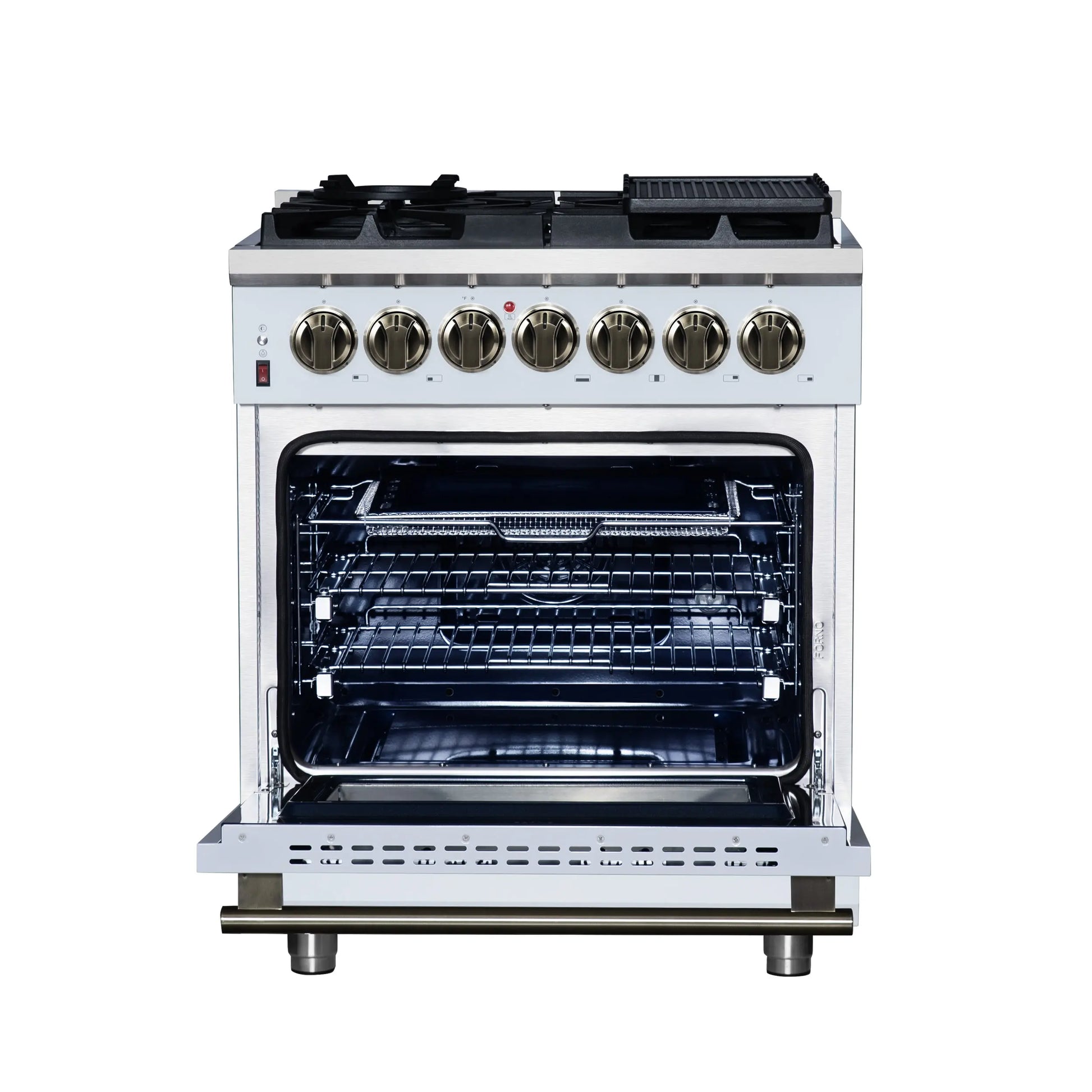 Forno Massimo 30-Inch Freestanding Dual Fuel Range in White with Antique Brass Accessories, 4 Burners, 4.32 cu. ft. Convection Oven FORNO