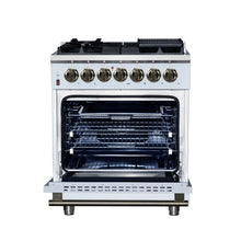 Forno Massimo 30-Inch Freestanding Dual Fuel Range in White with Antique Brass Accessories, 4 Burners, 4.32 cu. ft. Convection Oven FORNO