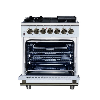 Forno Massimo 30-Inch Freestanding Dual Fuel Range in White with Antique Brass Accessories, 4 Burners, 4.32 cu. ft. Convection Oven FORNO