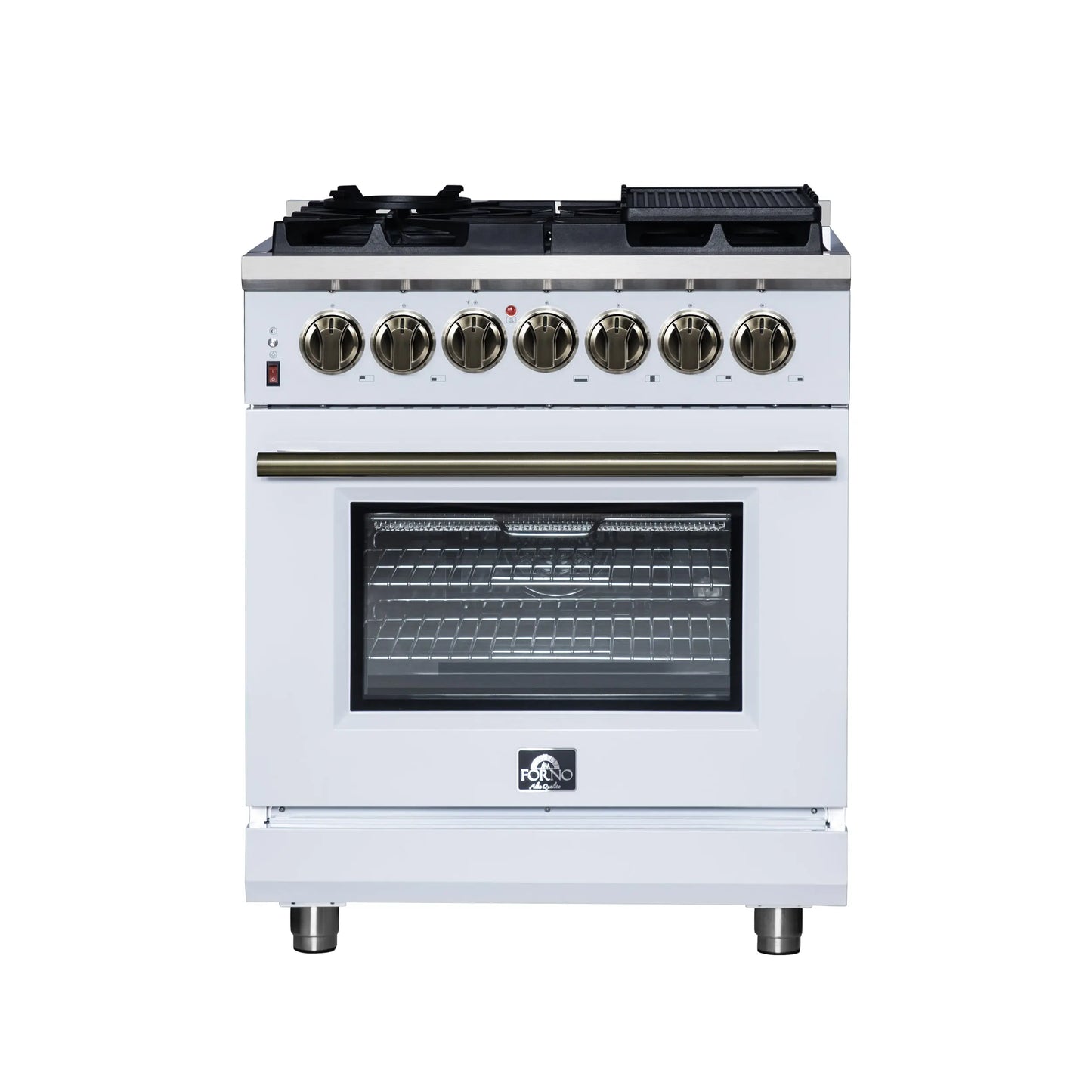 Forno Massimo 30-Inch Freestanding Dual Fuel Range in White with Antique Brass Accessories, 4 Burners, 4.32 cu. ft. Convection Oven FORNO