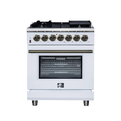 Forno Massimo 30-Inch Freestanding Dual Fuel Range in White with Antique Brass Accessories, 4 Burners, 4.32 cu. ft. Convection Oven FORNO