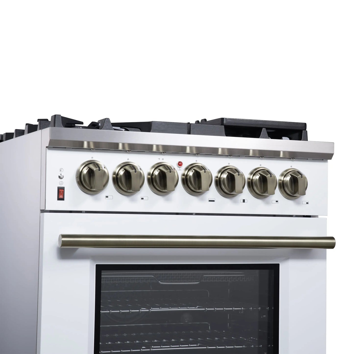 Forno Massimo 30-Inch Freestanding Dual Fuel Range in White with Antique Brass Accessories, 4 Burners, 4.32 cu. ft. Convection Oven FORNO