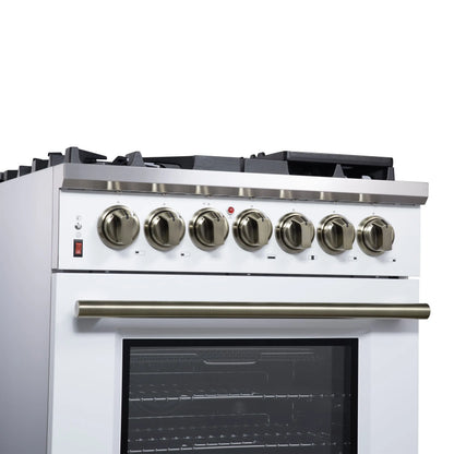 Forno Massimo 30-Inch Freestanding Dual Fuel Range in White with Antique Brass Accessories, 4 Burners, 4.32 cu. ft. Convection Oven FORNO
