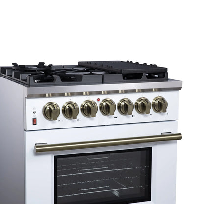 Forno Massimo 30-Inch Freestanding Dual Fuel Range in White with Antique Brass Accessories, 4 Burners, 4.32 cu. ft. Convection Oven FORNO