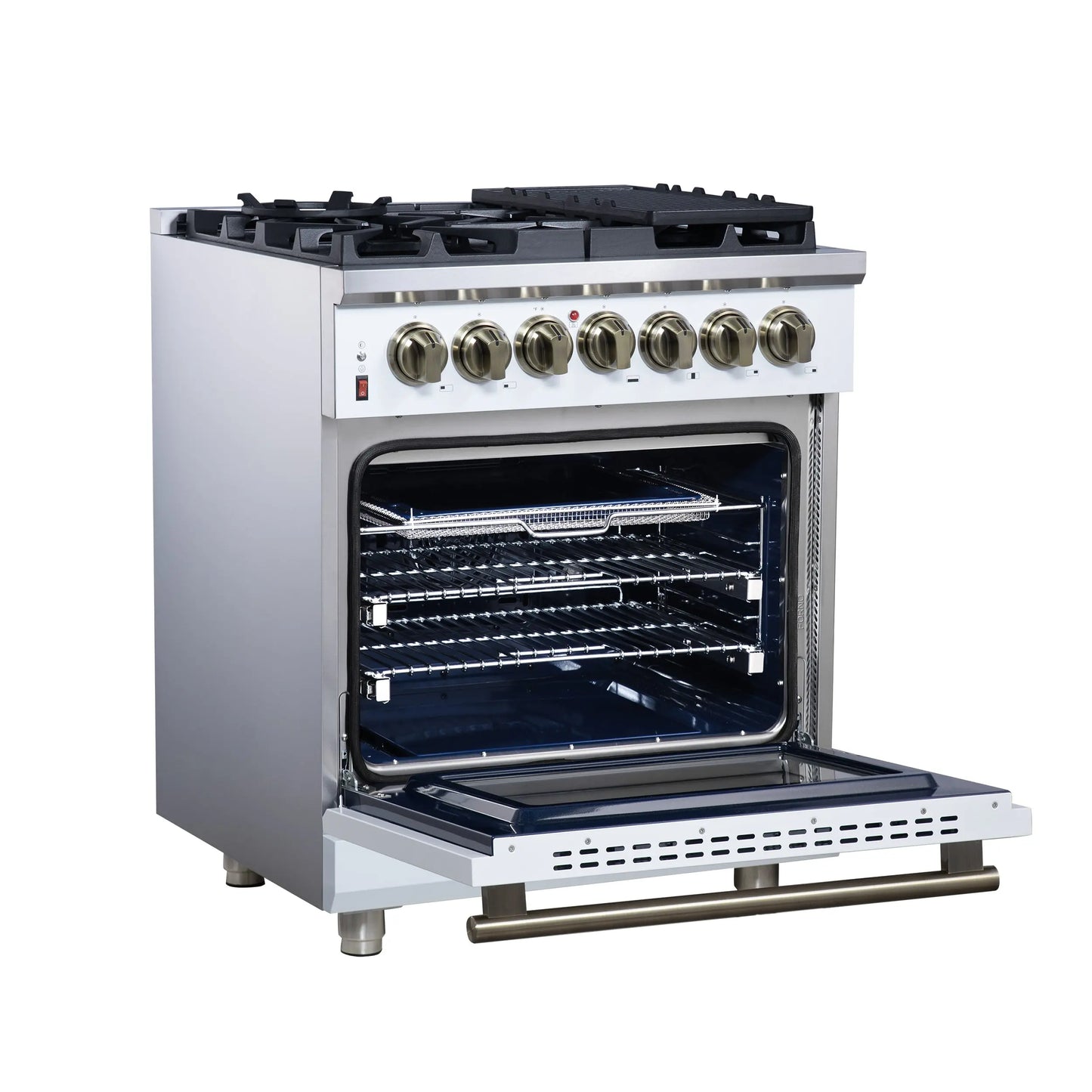 Forno Massimo 30-Inch Freestanding Dual Fuel Range in White with Antique Brass Accessories, 4 Burners, 4.32 cu. ft. Convection Oven FORNO