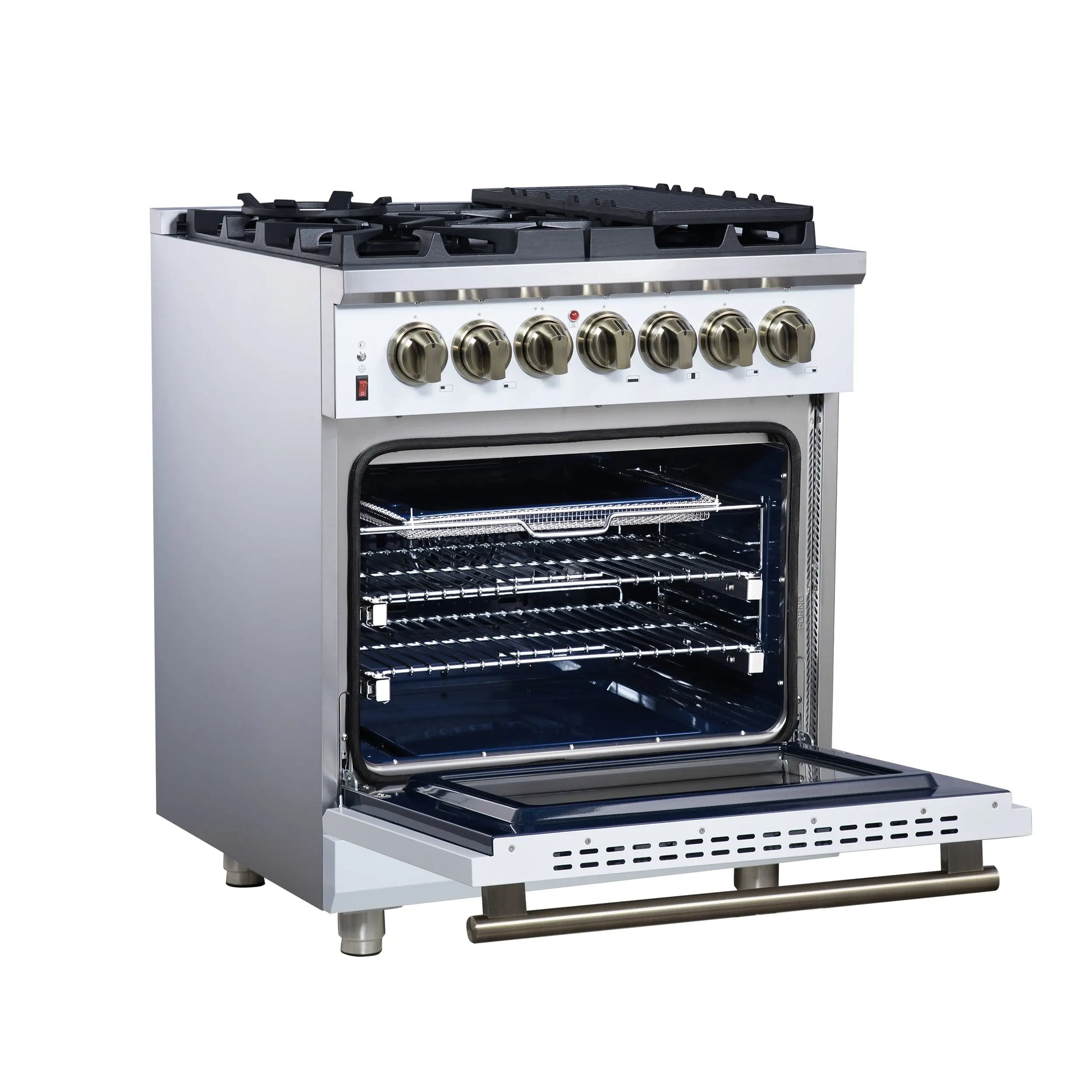 Forno Massimo 30-Inch Freestanding Dual Fuel Range in White with Antique Brass Accessories, 4 Burners, 4.32 cu. ft. Convection Oven FORNO