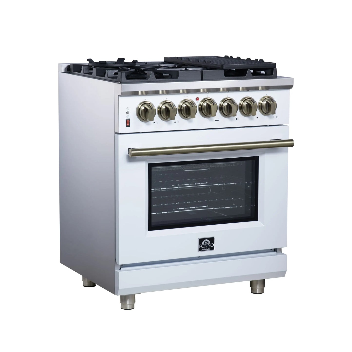 Forno Massimo 30-Inch Freestanding Dual Fuel Range in White with Antique Brass Accessories, 4 Burners, 4.32 cu. ft. Convection Oven FORNO