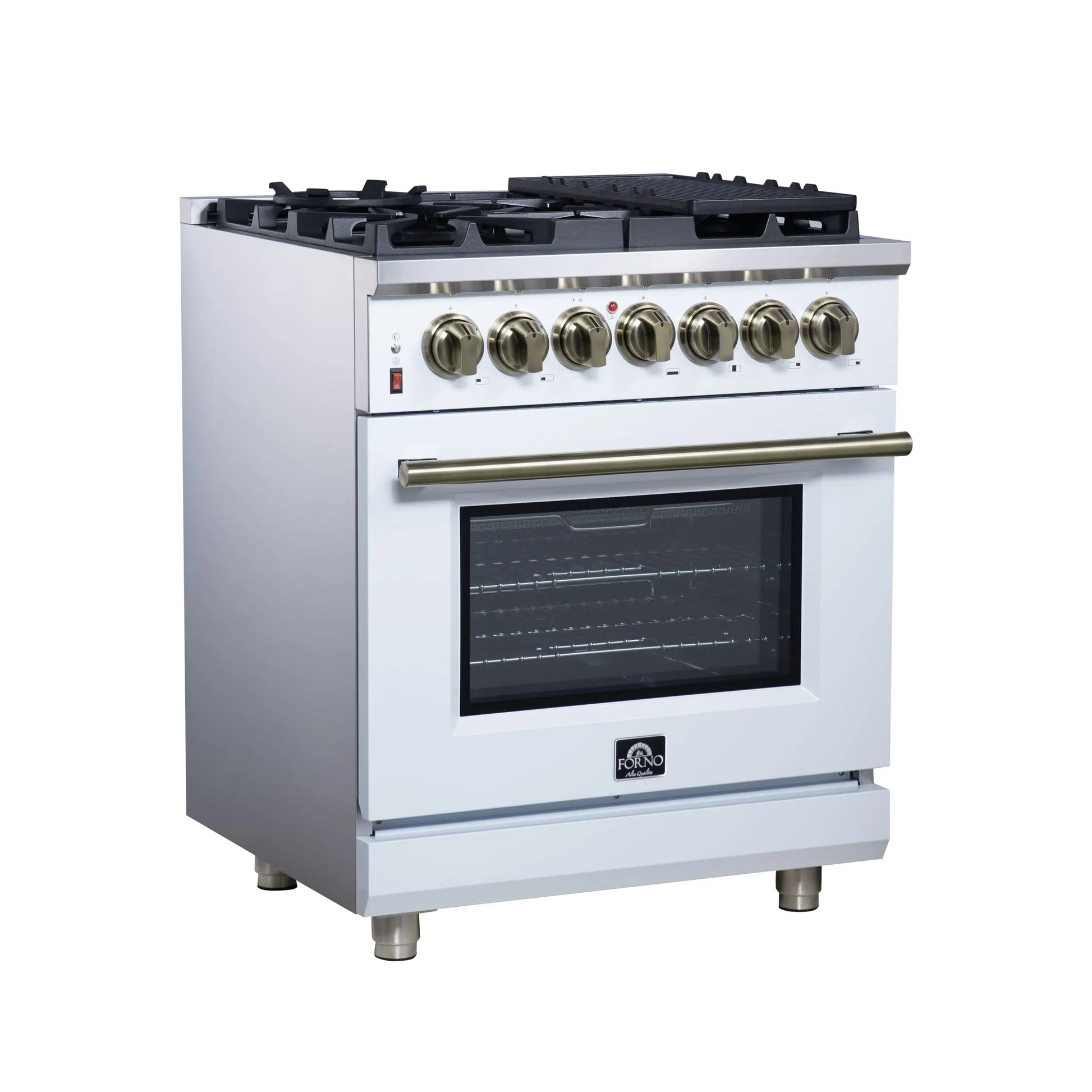 Forno Massimo 30-Inch Freestanding Dual Fuel Range in White with Antique Brass Accessories, 4 Burners, 4.32 cu. ft. Convection Oven FORNO