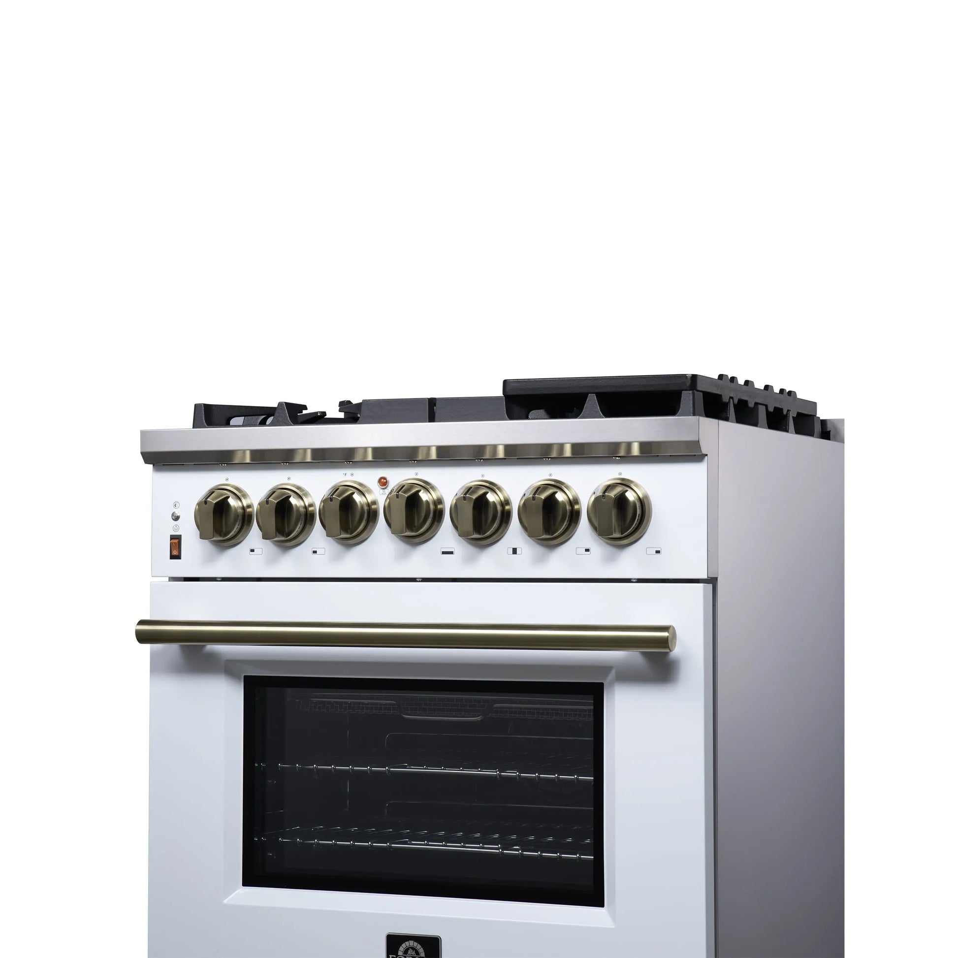 Forno Massimo 30-Inch Freestanding Dual Fuel Range in White with Antique Brass Accessories, 4 Burners, 4.32 cu. ft. Convection Oven FORNO