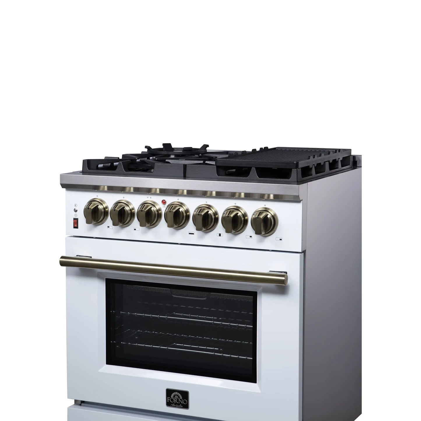 Forno Massimo 30-Inch Freestanding Dual Fuel Range in White with Antique Brass Accessories, 4 Burners, 4.32 cu. ft. Convection Oven FORNO