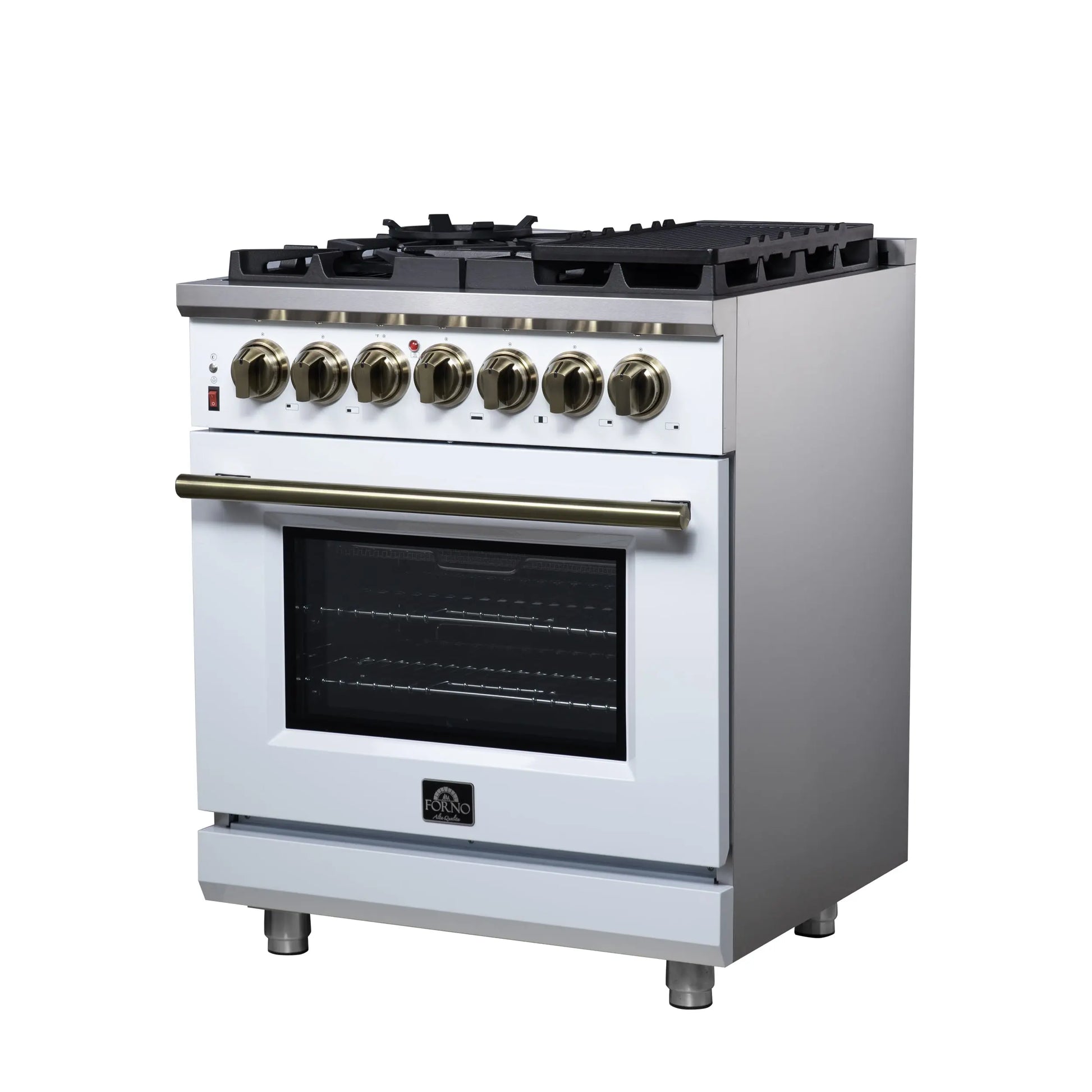 Forno Massimo 30-Inch Freestanding Dual Fuel Range in White with Antique Brass Accessories, 4 Burners, 4.32 cu. ft. Convection Oven FORNO