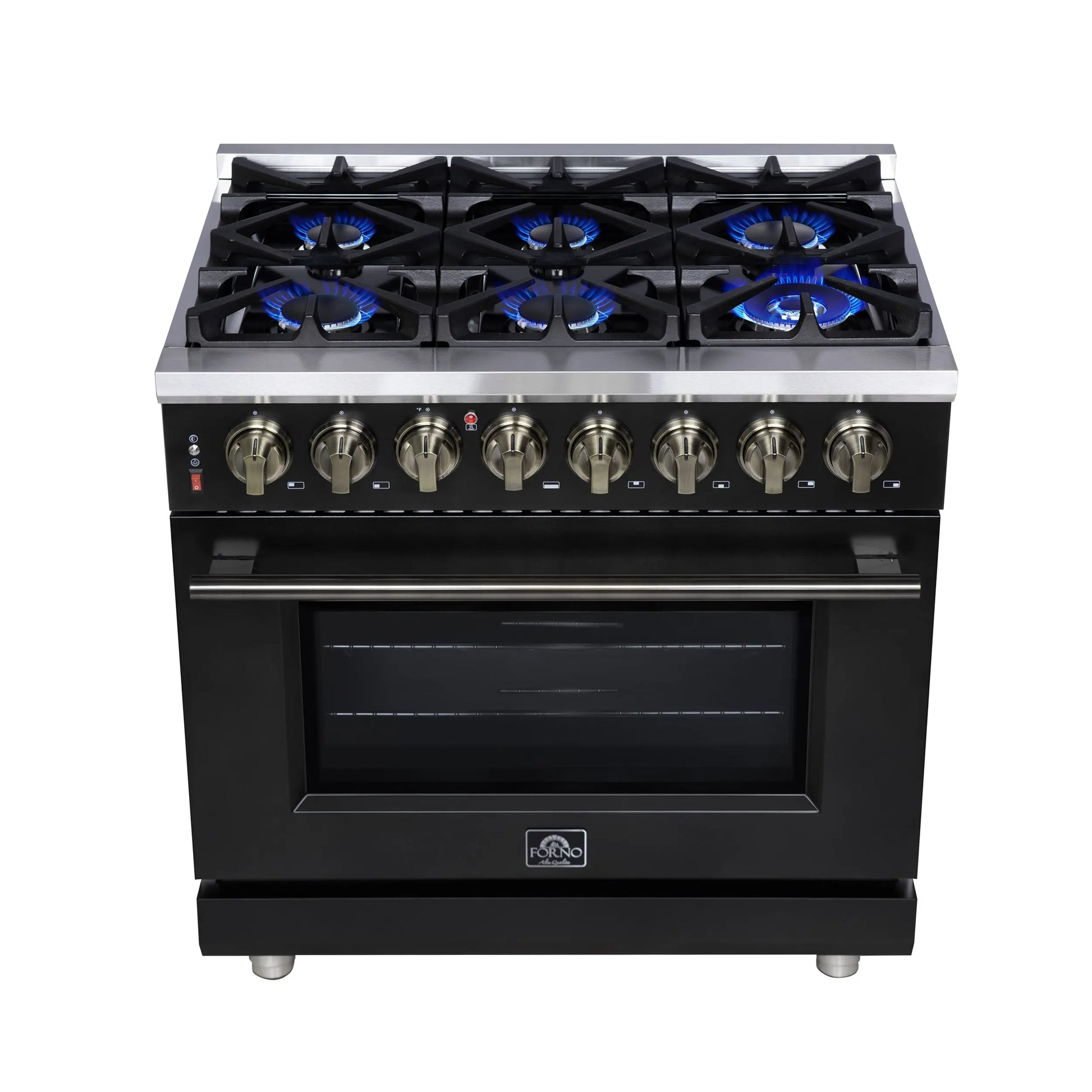 Forno Massimo 36 Inch Freestanding Dual Fuel Range in Black with Antique Brass Accessories, 6 Burners, 5.36 cu. ft. Convection Oven FORNO