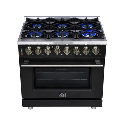 Forno Massimo 36 Inch Freestanding Dual Fuel Range in Black with Antique Brass Accessories, 6 Burners, 5.36 cu. ft. Convection Oven FORNO