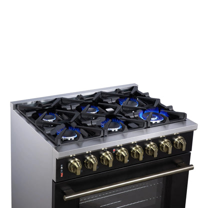 Forno Massimo 36 Inch Freestanding Dual Fuel Range in Black with Antique Brass Accessories, 6 Burners, 5.36 cu. ft. Convection Oven FORNO