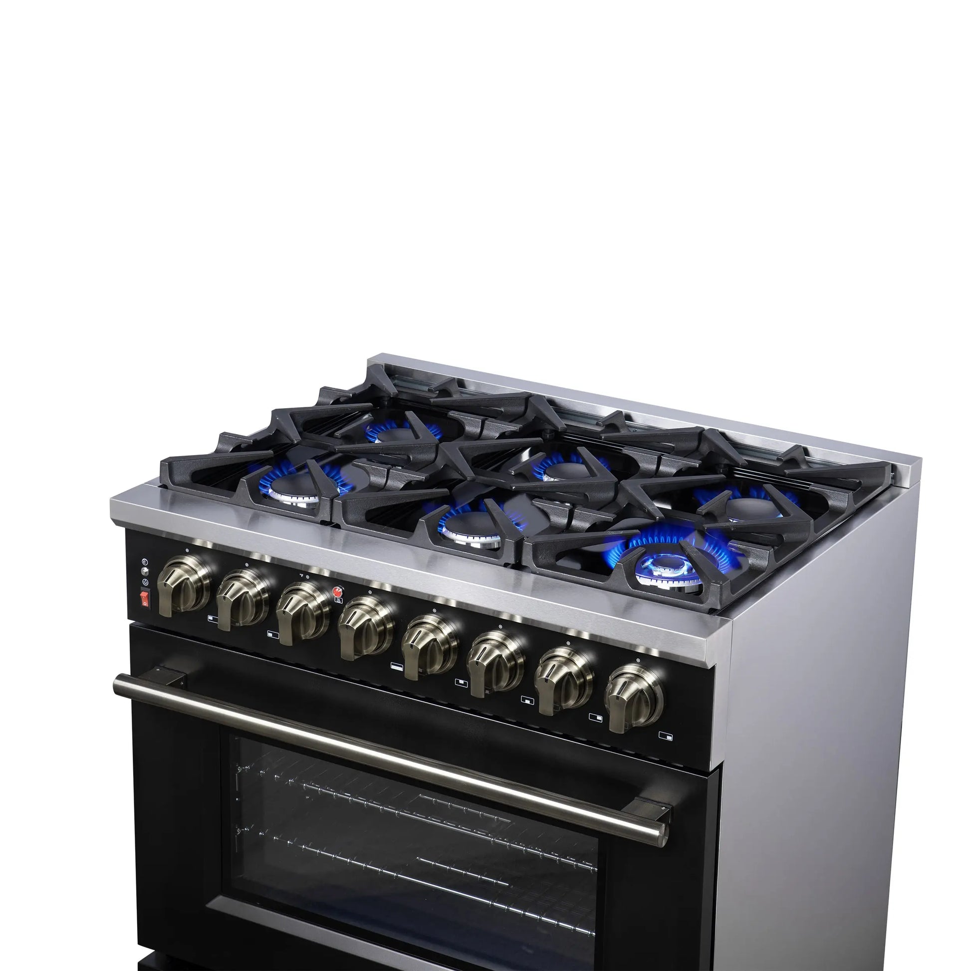Forno Massimo 36 Inch Freestanding Dual Fuel Range in Black with Antique Brass Accessories, 6 Burners, 5.36 cu. ft. Convection Oven FORNO