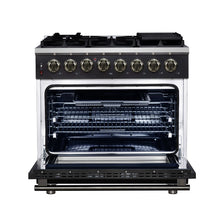 Forno Massimo 36 Inch Freestanding Dual Fuel Range in Black with Antique Brass Accessories, 6 Burners, 5.36 cu. ft. Convection Oven FORNO