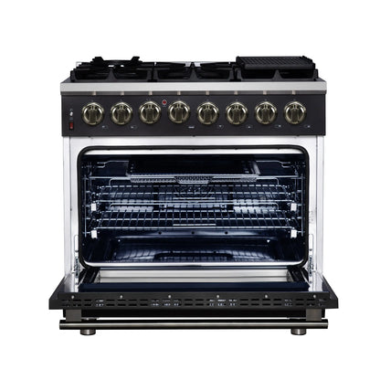 Forno Massimo 36 Inch Freestanding Dual Fuel Range in Black with Antique Brass Accessories, 6 Burners, 5.36 cu. ft. Convection Oven FORNO