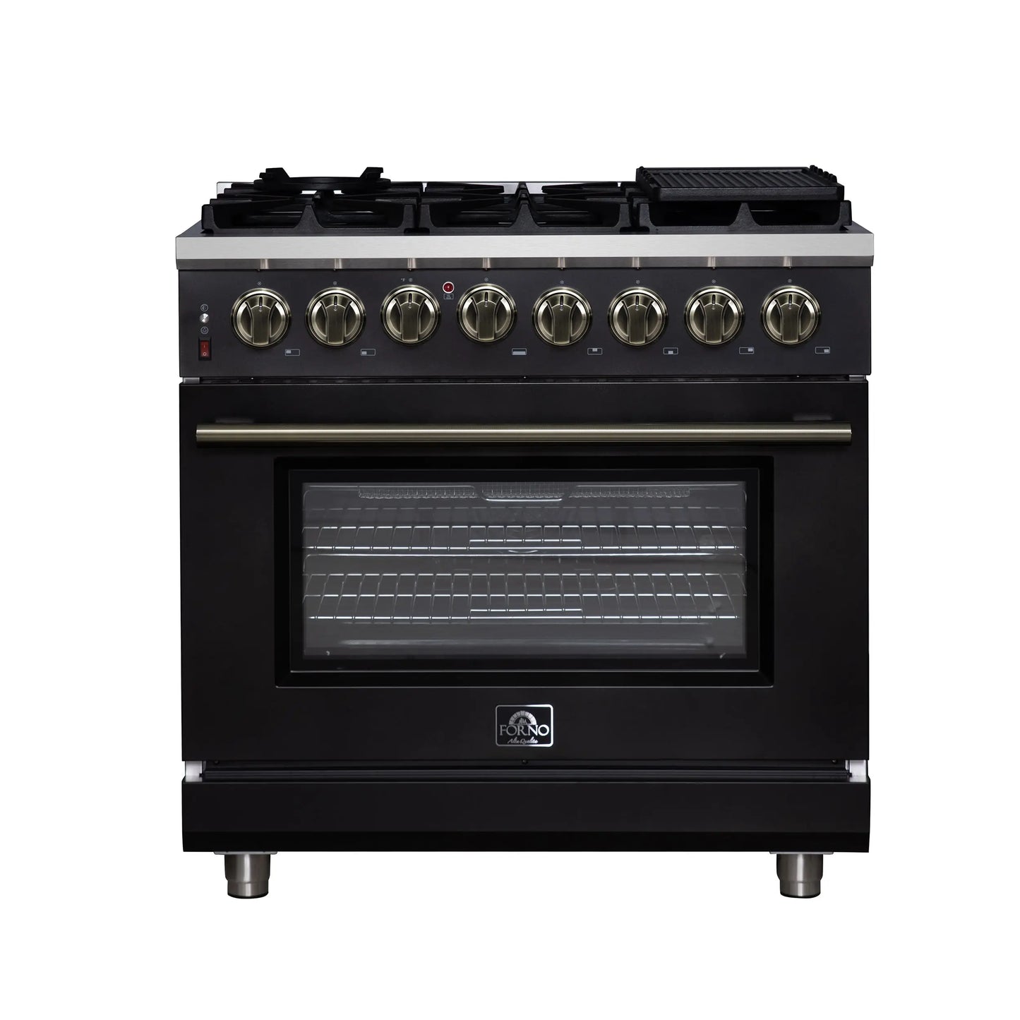 Forno Massimo 36 Inch Freestanding Dual Fuel Range in Black with Antique Brass Accessories, 6 Burners, 5.36 cu. ft. Convection Oven FORNO