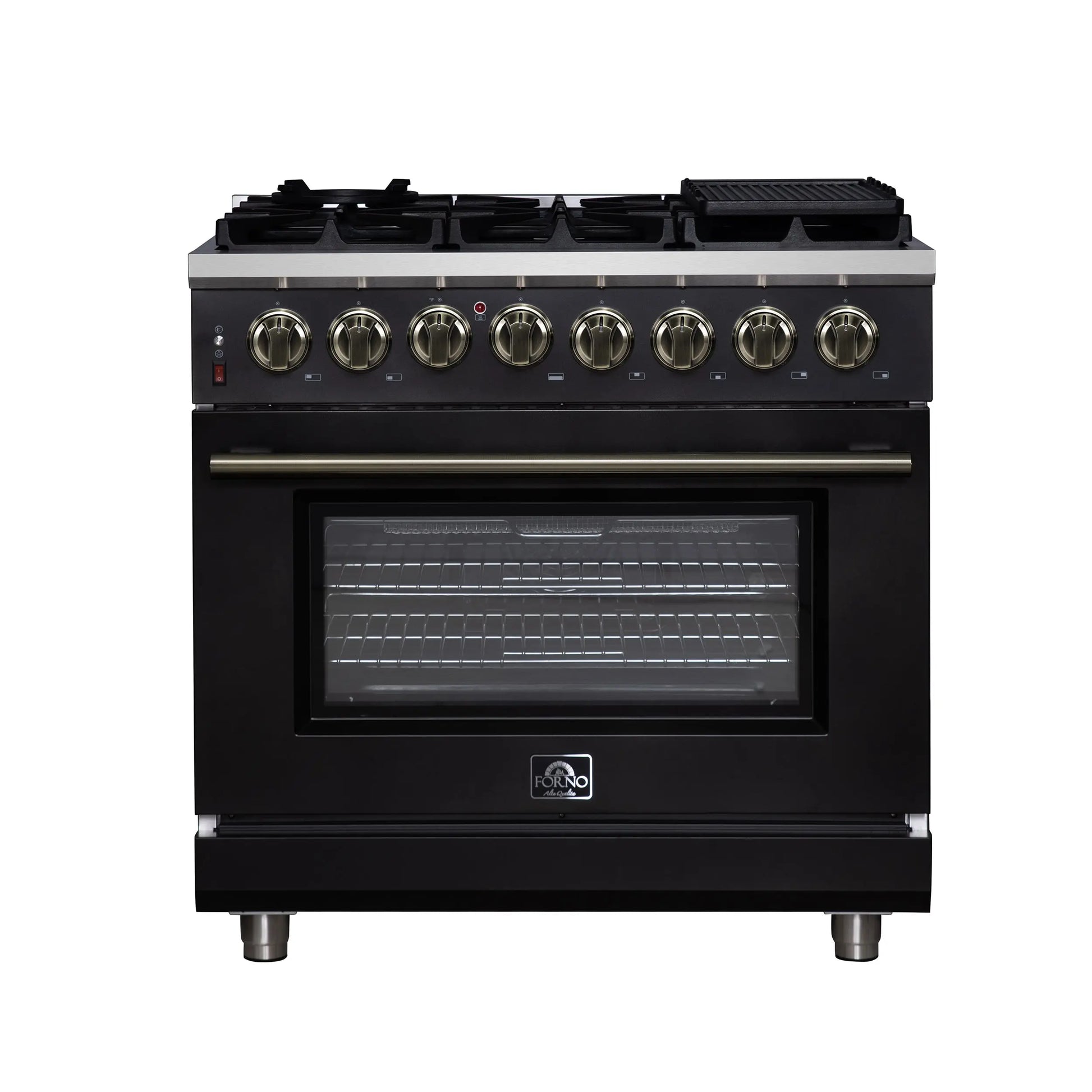 Forno Massimo 36 Inch Freestanding Dual Fuel Range in Black with Antique Brass Accessories, 6 Burners, 5.36 cu. ft. Convection Oven FORNO