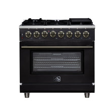 Forno Massimo 36 Inch Freestanding Dual Fuel Range in Black with Antique Brass Accessories, 6 Burners, 5.36 cu. ft. Convection Oven FORNO