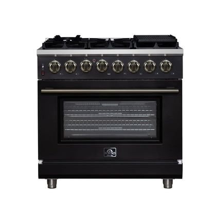Forno Massimo 36 Inch Freestanding Dual Fuel Range in Black with Antique Brass Accessories, 6 Burners, 5.36 cu. ft. Convection Oven FORNO